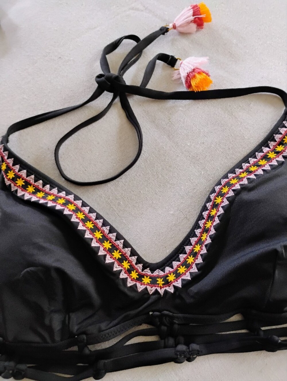 New Without TaTime and Tru Black Swim Top with Multicolor Embroidery and Tassels
